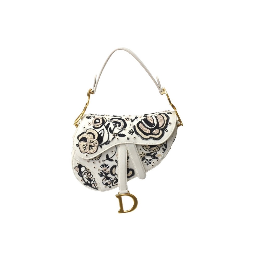 Dior black Christian Saddle calfskin beads handbag grained white Bag - Picture 2 of 10